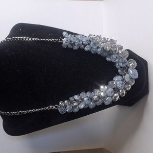 Silver & Light Blue Glass Cluster Necklace Statement Jewelry